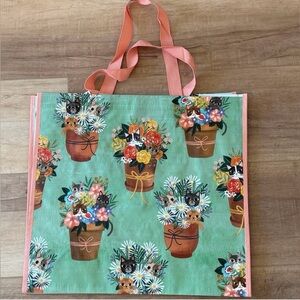 Cat floral print reusable tote bag